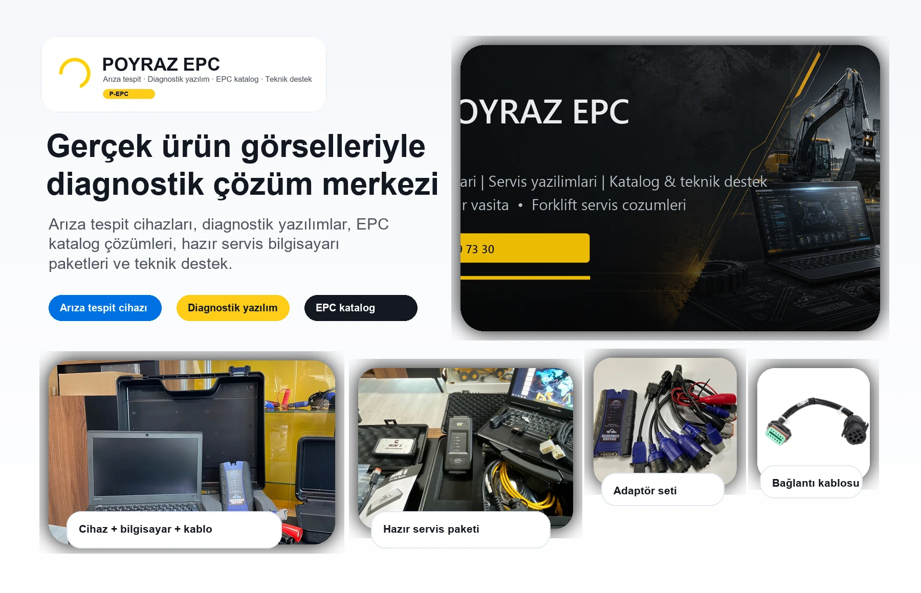 POYRAZ EPC gerçek ürün görsellerinden hazırlanmış arıza tespit cihazı, yazılım, EPC katalog ve adaptör tanıtım kompozisyonu