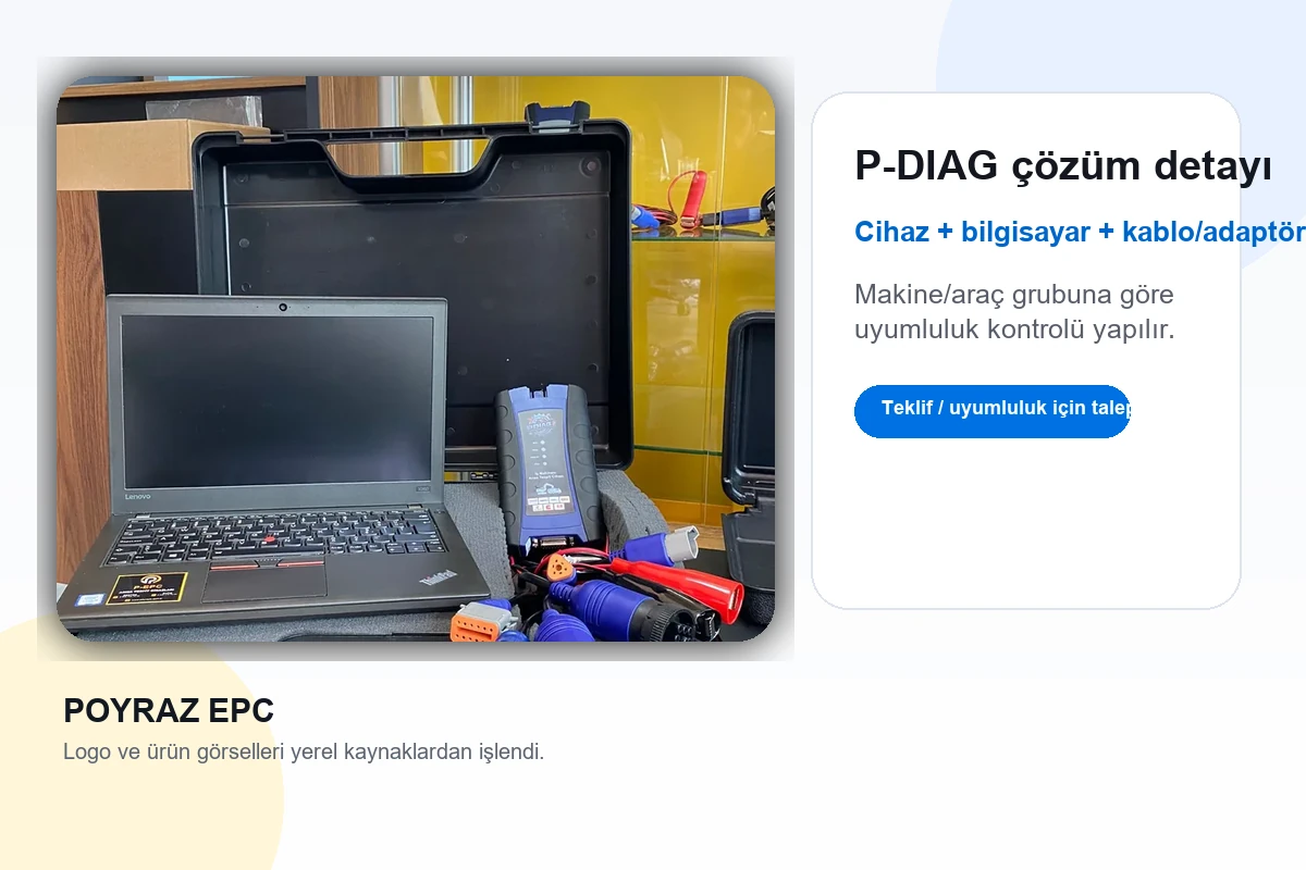 P-DIAG çözüm detayı; cihaz, bilgisayar ve kablo/adaptör seti