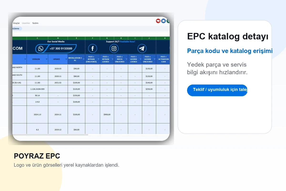 EPC katalog detayı, yedek parça ve servis bilgi ekranı